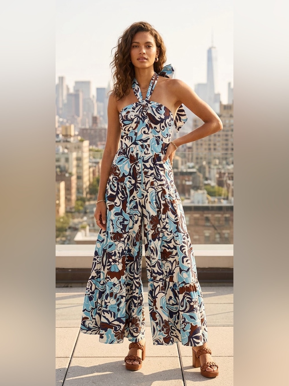 ee:some Sleeveless Blue Floral Halter Maxi Wide Legged Jumper